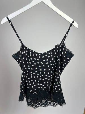 Dolce 
Gabbana Black and White Polkadot Top with Lace Hem Detail Size S (UK 8)