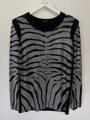 Balmain Black Crystal Embellished Zebra Pullover Long Sleeve Top With Shoulder Pads Size FR 36 (UK 8)