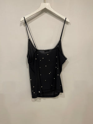 Chanel Black Tank Top with Pearl Embellishments and CC Logo Detail Size FR 38 (UK 10)