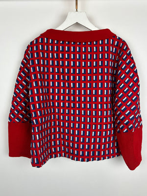 Chanel SS13 Red Knit Jumper with Pearl Pockets 
Blue and White Window Detail Size FR 36 (UK 8)