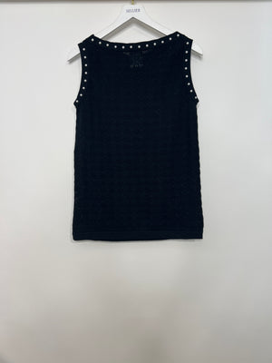 Chanel Navy Crochet Vest Top with Pearl Trim and Front Pocket Detail FR 34 (UK 6)