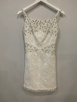 Chanel Pearl White Sleeveless Sequin and Crystal Embellished Mini Dress with Pearl CC Logo Detail Size FR 36 (UK 8)