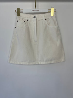 Prada White Denim Mini Skirt With Back Pocket Logo Detail Size IT 36 (UK 4)