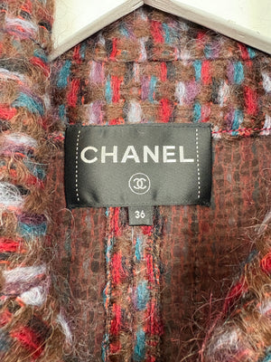 Chanel 16P Mohair Red 
Blue Tweed Gilet Jacket With Bronze Button Detail Size FR 36 (UK 8)