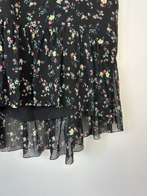 Saint Laurent Black Floral Print Short Sleeve Silk Dress With Ruffle Detail Size FR 36 (UK 8)