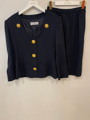 Givenchy Vintage Navy Jacket and Skirt Set with Gold Textured Buttons Size FR 38 (UK 10)