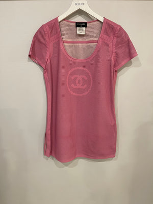 Chanel Pink Lambskin Leather Perforated Short-Sleeve Tunic Top with CC Logo Size FR 36 (UK 8)