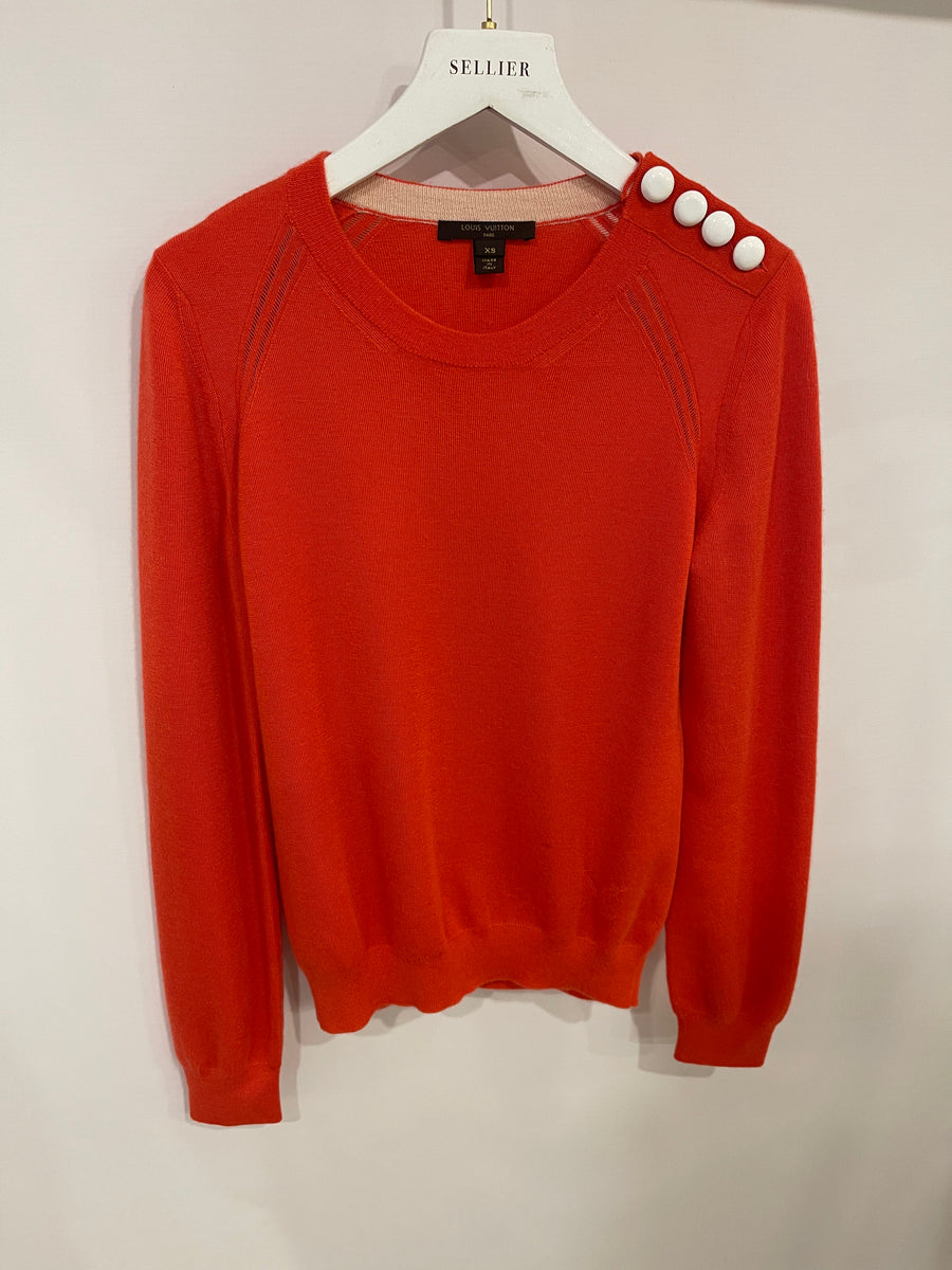 Louis Vuitton Coral Red Cashmere Jumper with White Button Details Size XS (UK 6)