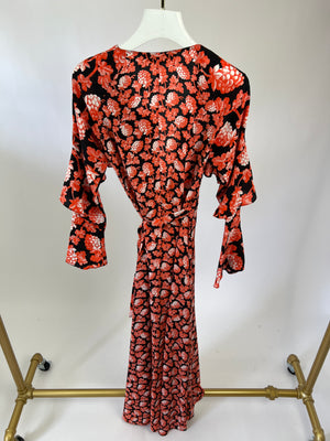 Diane Von Furstenberg Black, Red Floral Print Silk Ruffle Wrap Maxi Dress Size XXS (UK 6)