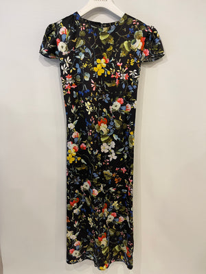 Erdem Black Short-Sleeve Belted Maxi Dress with Floral Prints Size UK 12