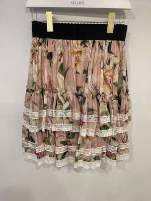 Dolce 
Gabbana Pink Multicolour Floral Printed Mini Ruffle Skirt with Lace Detail Size IT 38 (UK 6)