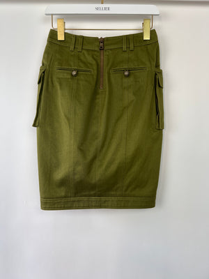 Balmain Khaki Midi Skirt with Pocket and Asymmetric Split Detail Size FR 36 (UK 8)