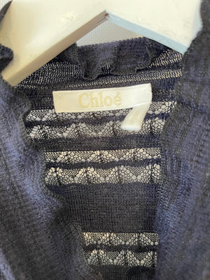 Chloé Navy Lace Long-Sleeve Wool Jumper with Ruffle-Neck Detailing Size FR 38 (UK 10)