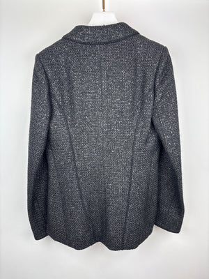 Chanel Black Coated Tweed Curved Hem Jacket with Silver CC Button Detail FR 36 (UK 8)