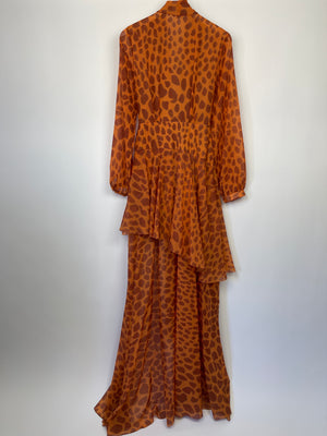 Pat Bo Giraffe Printed Orange 
Brown Ruffled Wrap Around Gown Size Small (UK 8)