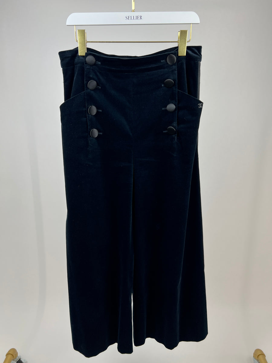 Chanel Navy Velvet Wide Leg Trousers with Black Satin Band and CC Logo Details FR 44 (UK 16)