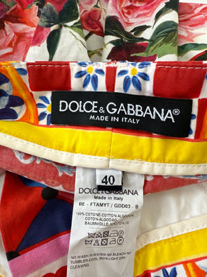 Dolce 
Gabbana Red Rose Mambo Print Floral High-Waist Cotton Shorts Size IT 40 (UK 8)