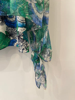 Emilio Pucci Green and Blue Printed Silk Blouse with Matching Under Top and Ribbon Detail Size IT 44 (UK 12)