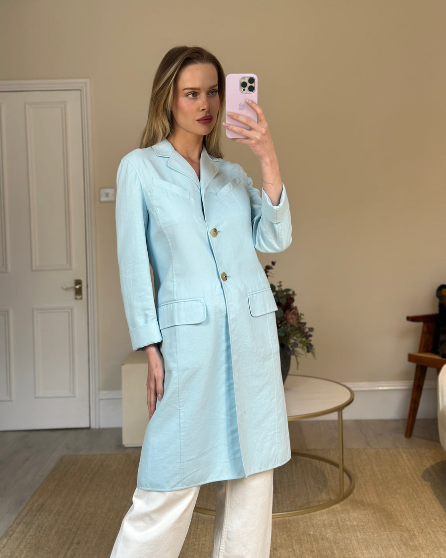 Lanvin Powder Blue Cotton Long-Line Coat with Button Detail Size FR 38 (UK 10)