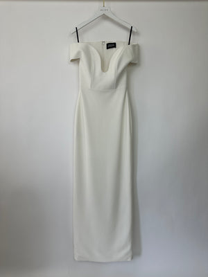 Solace London White Off-Shoulder Long Gown Dress with Plunge Neckline Detail Size UK 8