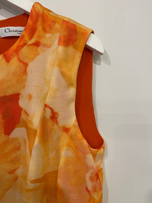 Christian Dior Orange Silk Floral Aquarelle Sleeveless Dress Size FR 40 (UK 12)