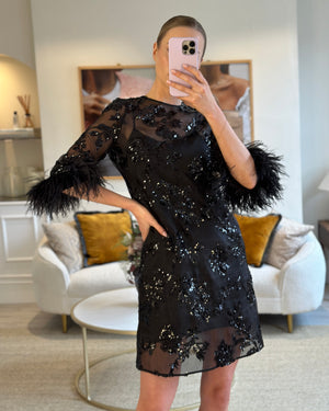 Erdem Black Silk Embellished Mini Dress with Cropped Sleeves and Feather Cuff Detail IT 40 (UK 8)