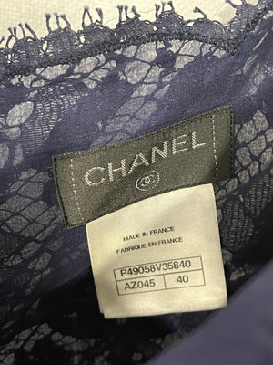 Chanel Blue Floral Lace Caraco Top with Back Blue CC Logo Buttons Detailing Size FR 40 (UK 12)