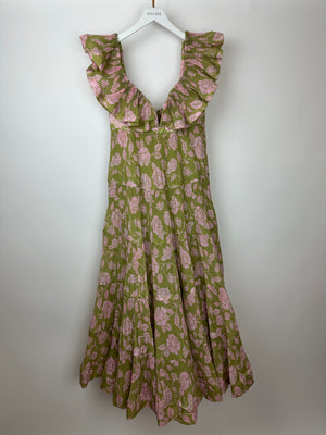 Zimmermann Green The Lovestruck Pleated Long Dress with Floral Details Size 1 (UK 8)