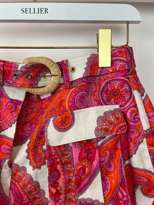 Zimmermann Pink Paisley Print High-Waist Linen Shorts With Braided Beige Belt Buckle Size 1 (UK 10)