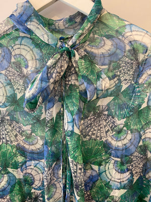 Emilio Pucci Green and Blue Printed Silk Blouse with Matching Under Top and Ribbon Detail Size IT 44 (UK 12)