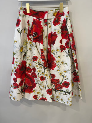 Dolce 
Gabbana White and Red Poppy Printed Midi Skirt Size IT 42 (UK 10)