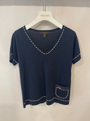 Louis Vuitton Navy Cashmere V-Neck Top with Cream Stitching Details Size XS (UK 6)