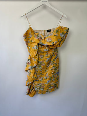 Magda Butrym Mustard Yellow Silk Pleated Mini Dress with Flower Detail Size FR 36 (UK 8)