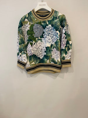 Dolce 
Gabbana Green and White Floral Jumper with Gold Collar Detail Size IT 40 (UK 8)