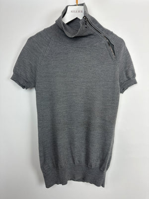 Celine Grey Short Sleeve Fine Knit Top With Zip Detail Size S (UK 8)