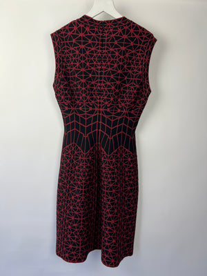 Alaïa Black and Red Geometric Knit Sleeveless A-Line Midi Dress with V-Neckline Size FR 42 (UK 14)