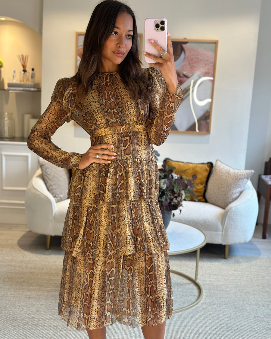 Zimmermann Brown Python Printed Long Sleeve Dress with Tiered Detail Size 1 (UK 10)