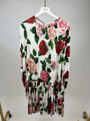 Dolce 
Gabbana White Rose Print Long-Sleeved Swing Dress Size IT 46 (UK 14)