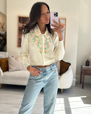 LoveShackFancy Cream Floral Embroidered Button Down Cardigan FR 36 (UK 8)