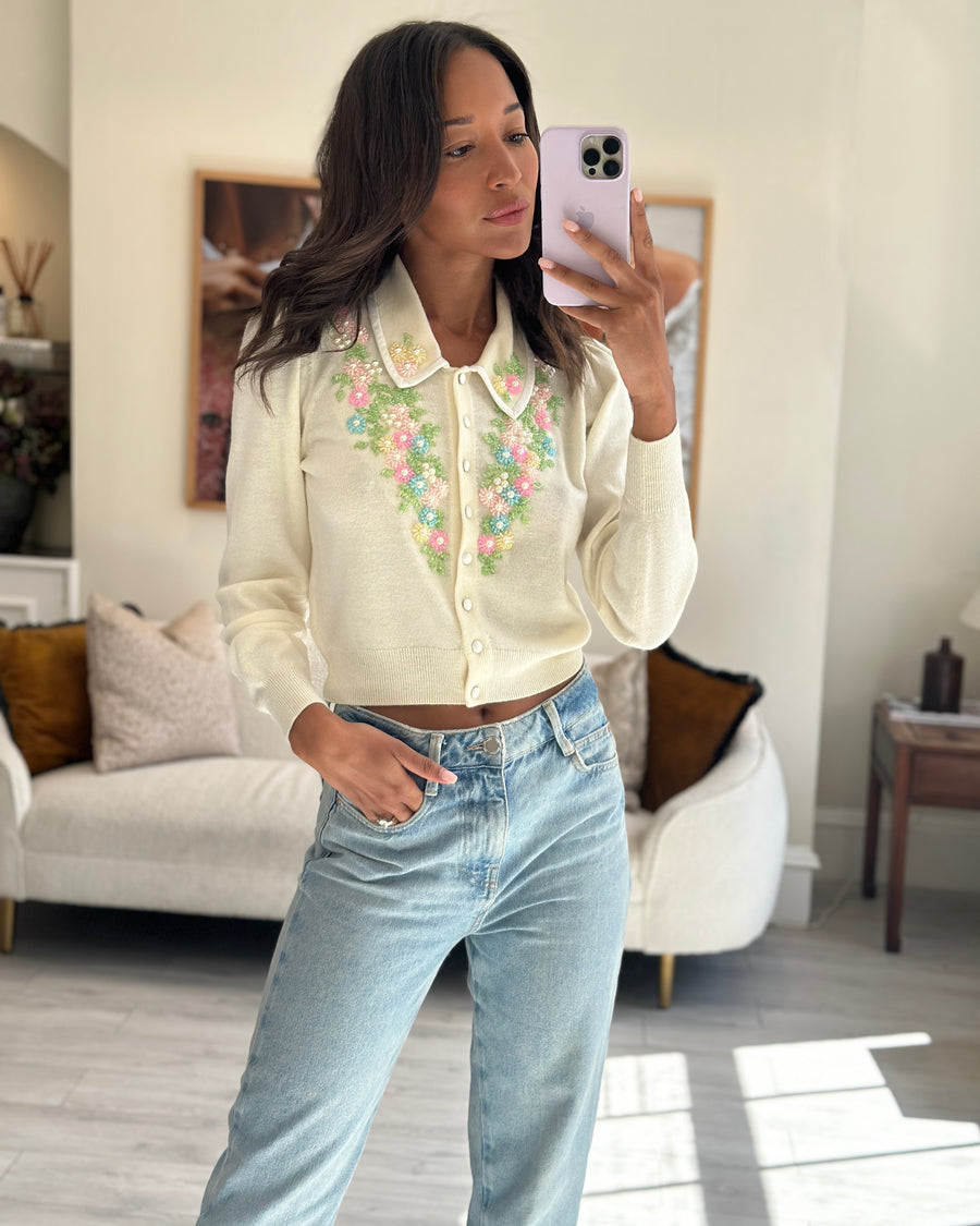 LoveShackFancy Cream Floral Embroidered Button Down Cardigan FR 36 (UK 8)