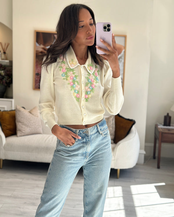 LoveShackFancy Cream Floral Embroidered Button Down Cardigan FR 36 (UK 8)