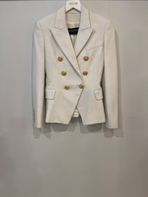 Balmain White Tweed Blazer Jacket with Gold Button Details Size FR 34 (UK 6)