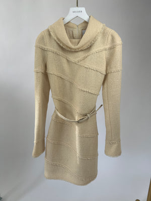 Chanel A/08 Cream Tweed Long Sleeve Diagonal Belted Dress with Collar Detailing FR 34 (UK 6)