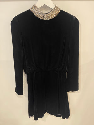 Saint Laurent Black Suede Long-Sleeve Mini Dress with Crystal Embellished Collar Detail Size FR 36 (UK 8)