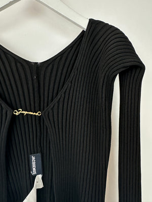 Jacquemus Black Ribbed Long Sleeve Top with Metal Logo Detail Size FR 34 (UK 6)