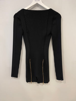 Jacquemus Black Knitted Long-Sleeve Playsuit with Low Back and Gold Zip Detail Size FR 36 (UK 8)