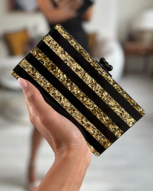 Edie Parker Black and Gold Striped Embellished Clutch Bag RRP £600