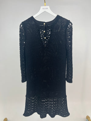 Chanel Black Crochet Long Sleeve Dress with Pearl Button Back Detail Size FR 38 (UK 10)