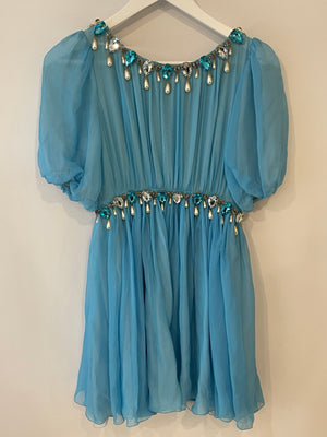 Dolce 
Gabbana Light Blue Silk Mini Dress with Crystal and Pearl Pendants Size IT 42 (UK 10)