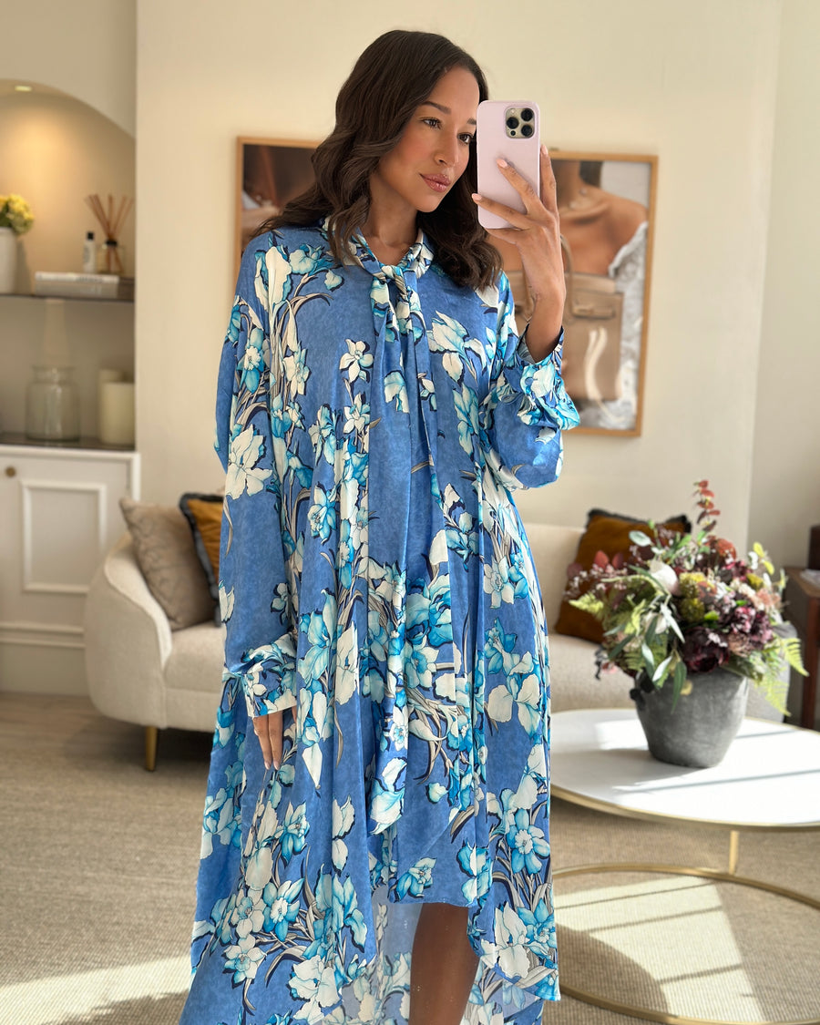 Balenciaga Blue Silk Floral Maxi Dress with Tie-Neck Detail Size IT 38 (UK 6)